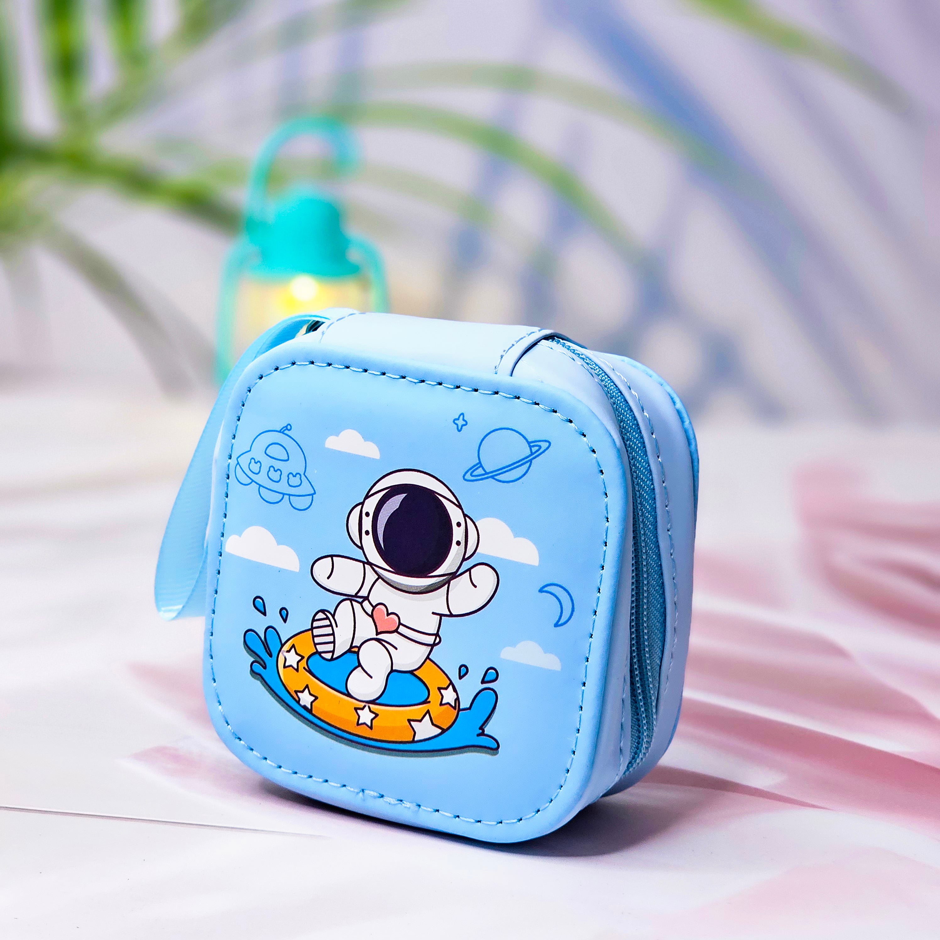 Six colorful cute cartoon square mini zipper pouches with astronaut, bunny, dinosaur, dog, and cloud designs, ideal for coins, earphones, and accessories